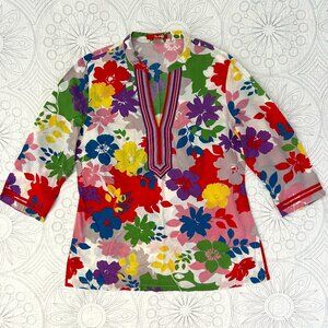 BODEN Colorful Floral Tunic Top Ribbon Trim V-Neck Blouse Cotton Resort